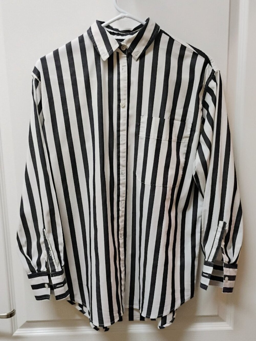 Navy and White Stripe Cotton Long-Sleeved Blouse